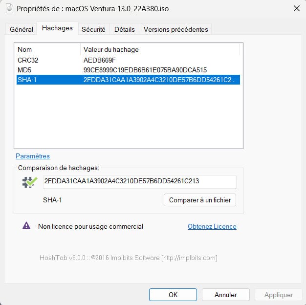 Comparer le hashage d'un fichier iso