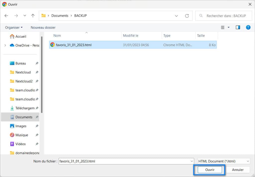 Importer une sauvegarde des favoris Chrome